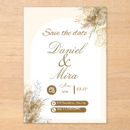 Invitaciones Acrílicas Boda Boho Gold Pampas Arco Totalmente Editable 