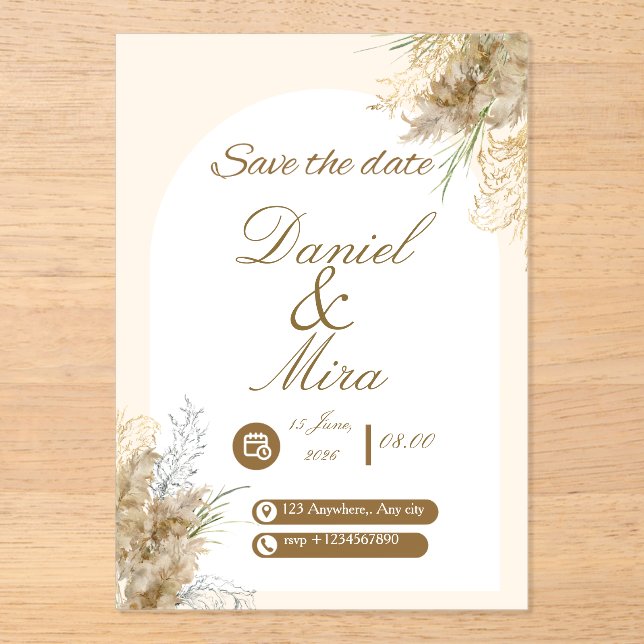 Invitaciones Acrílicas Boda Boho Gold Pampas Arco Totalmente Editable  (Anverso)
