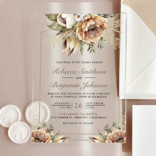 Invitaciones Acrílicas Boda Boho Neutral Terroso Floral Beige
