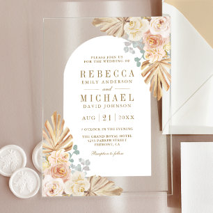 Invitaciones Acrílicas Boda Boho Palma Polvoriento Floral Terroso Arco