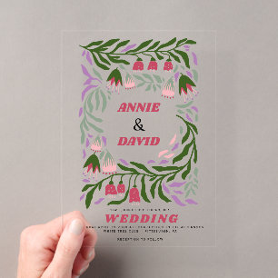 Invitaciones Acrílicas Boda boho retro con ramas y flores de folklore