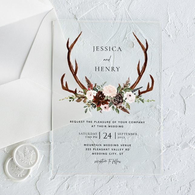 Invitaciones Acrílicas Boda Boho Rustic Floral Antlers (Subido por el creador)