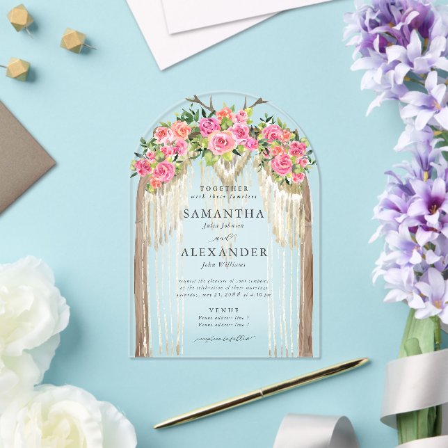 Invitaciones Acrílicas Boda Boho Rústica Arco Occidental Rosas Acuarela (Insitu (Boda))