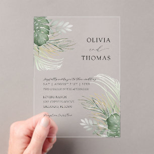 Invitaciones Acrílicas Boda Boho Verde Acuarela Monstera