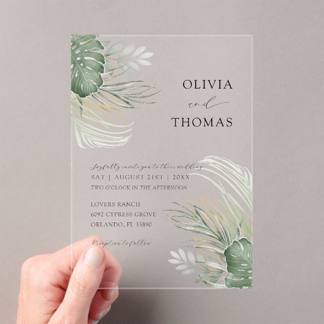 Invitaciones Acrílicas Boda Boho Verde Acuarela Monstera (Insitu (portátil))