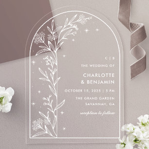 Invitaciones Acrílicas Boda Botánica Arco Celeste Estrellado Blanco