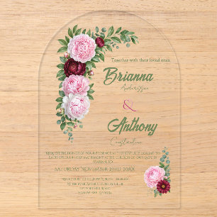 Invitaciones Acrílicas Boda botánica Arco romántico Merlot Rosa Peonía