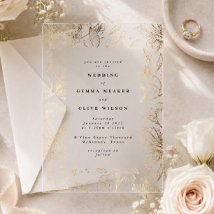 Invitaciones Acrílicas Boda Botánica Clásica Elegante de Oro