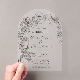 Invitaciones Acrílicas Boda Botánica de Aves Florales Dibujadas a Mano