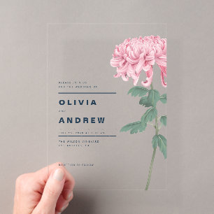 Invitaciones Acrílicas Boda Botánica de Crisantemo Rosa Romántico 