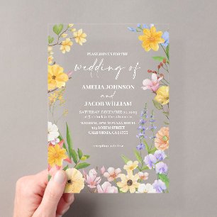 Invitaciones Acrílicas Boda botánica de flores acuarela en amarillo mante