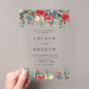 Invitaciones Acrílicas Boda Botánica de Flores de Acuarela de Invierno