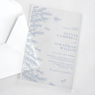 Invitaciones Acrílicas Boda Botánica de Hojas de Azul Polvoriento Suave y