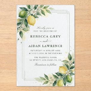 Invitaciones Acrílicas Boda Botánica de Limón Verde Acuarela Citrus