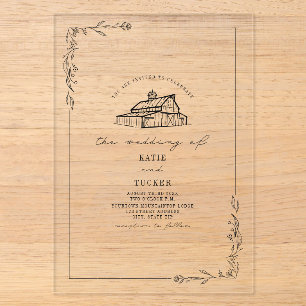 Invitaciones Acrílicas Boda Botánica de Línea Rústica de Granero