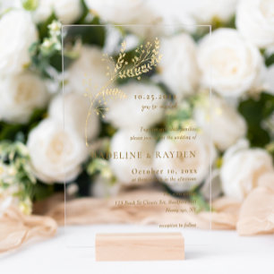 Invitaciones Acrílicas Boda Botánica de Oro Delicado