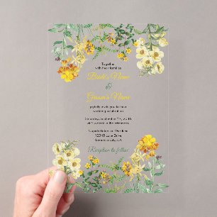 Invitaciones Acrílicas Boda Botánica Floral Acuarela Amarilla Vintage