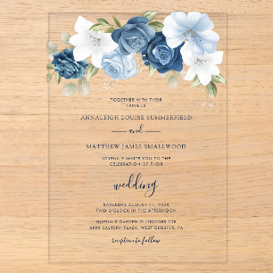 Invitaciones Acrílicas Boda Botánica Floral Azul Polvoriento