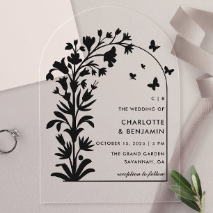 Invitaciones Acrílicas Boda Botánica Mariposa Negra Arqueada