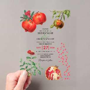 Invitaciones Acrílicas Boda botánica mediterránea de granada roja