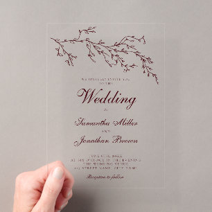 Invitaciones Acrílicas Boda Botánica Mínima Moderna de Borgoña