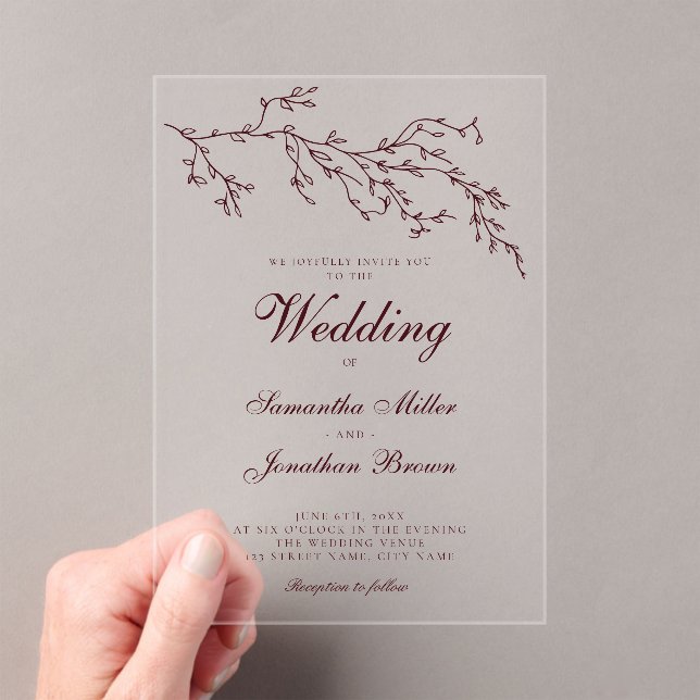 Invitaciones Acrílicas Boda Botánica Mínima Moderna de Borgoña (Insitu (portátil))