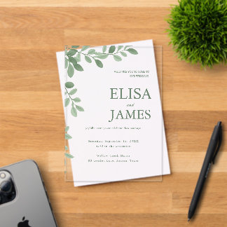 Invitaciones Acrílicas Boda Botánica Mínima Personalizada Verde Salvia