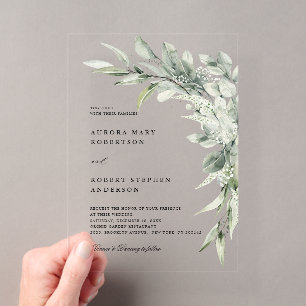 Invitaciones Acrílicas Boda botánica minimalista de eucalipto verde salvi