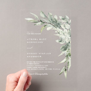 Invitaciones Acrílicas Boda botánica minimalista de eucalipto verde salvi