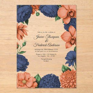 Invitaciones Acrílicas Boda Botánica Moderna Azul Marino y Coral