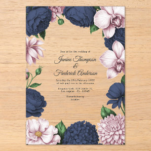 Invitaciones Acrílicas Boda Botánica Moderna de Azul Marino y Rosa Beige