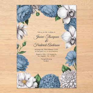Invitaciones Acrílicas Boda Botánica Moderna de Azul Polvoriento y Gris S