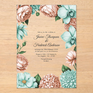 Invitaciones Acrílicas Boda Botánica Moderna de Melocotón Suave y Menta