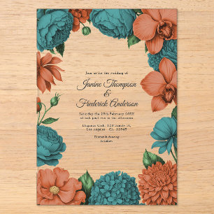 Invitaciones Acrílicas Boda Botánica Moderna en Verde Azul y Coral