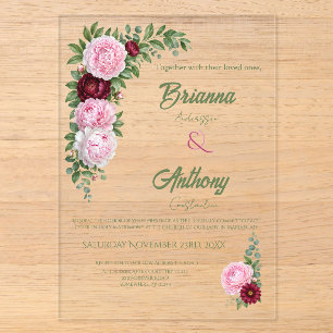 Invitaciones Acrílicas Boda Botánica Romántica con Merlot y Peonía Rosa