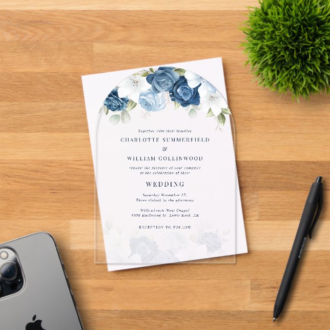 Invitaciones Acrílicas Boda Botánico Azul Dusty Floral (Insitu (Tarjeta de Invitación))