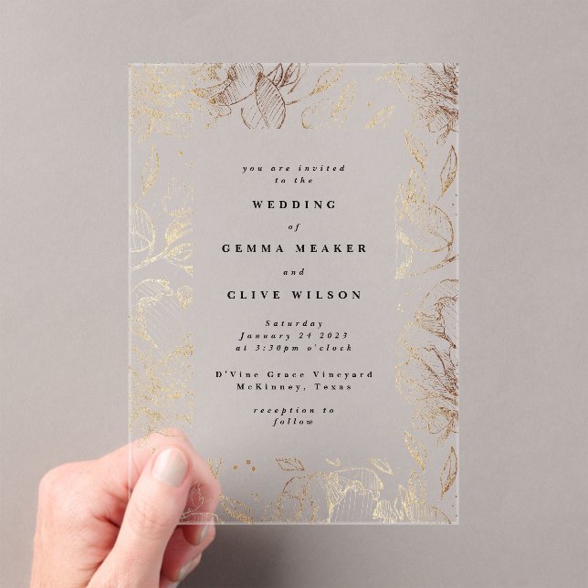 Invitaciones Acrílicas Boda botánico clásico elegante de oro (Insitu (portátil))