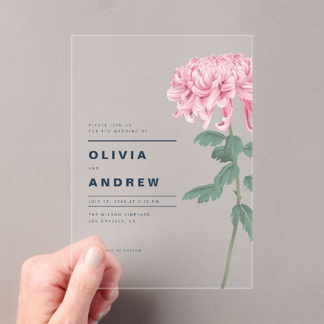 Invitaciones Acrílicas Boda botánico de crisantemo rosa romántico (Insitu (portátil))