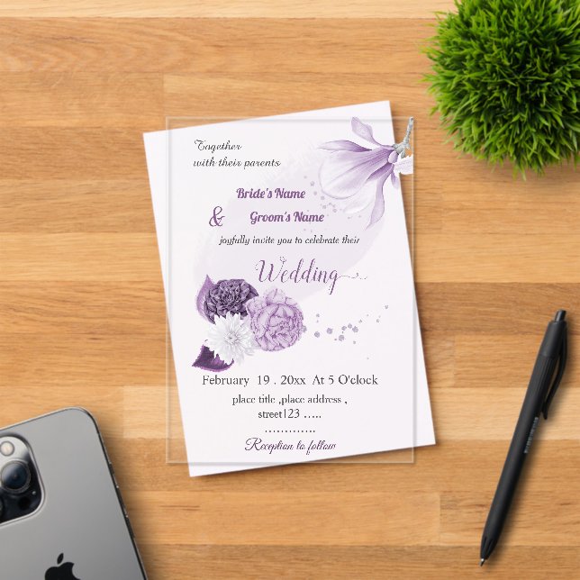 Invitaciones Acrílicas boda botánico de flores moradas románticas (Insitu (Tarjeta de Invitación))