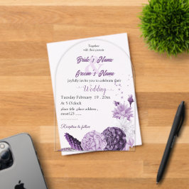 Invitaciones Acrílicas boda botánico de flores moradas románticas