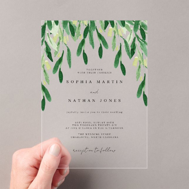 Invitaciones Acrílicas Boda botánico de la hoja verde (Insitu (portátil))