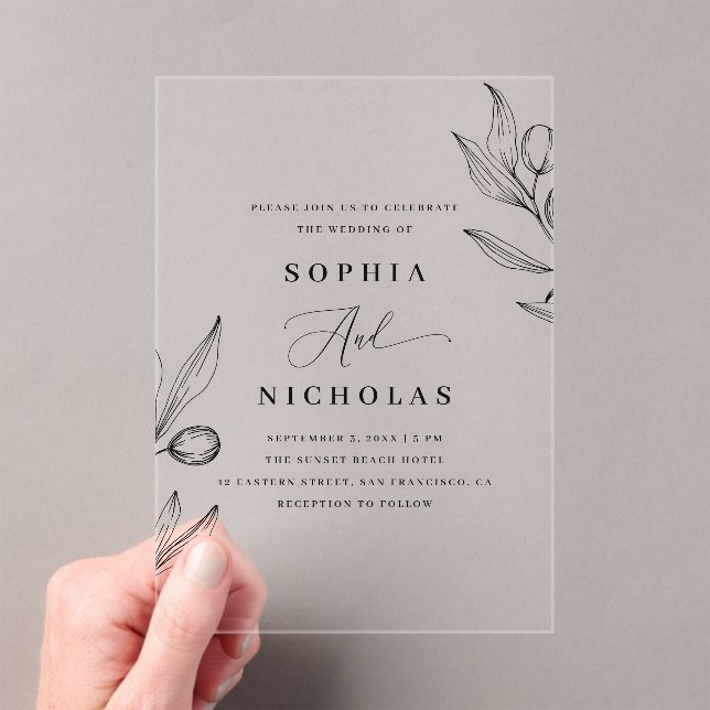 Invitaciones Acrílicas Boda Botánico de Oliva | Elegante vegetación itali (Insitu (portátil))