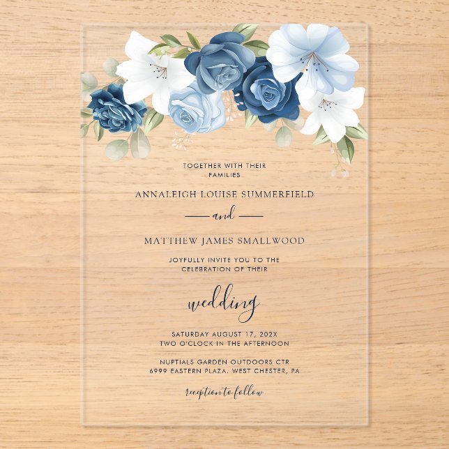 Invitaciones Acrílicas Boda botánico Dusty Blue Floral (Anverso)