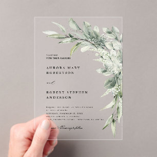 Invitaciones Acrílicas Boda Botánico Minimalista de Eucalipto Verde Sage