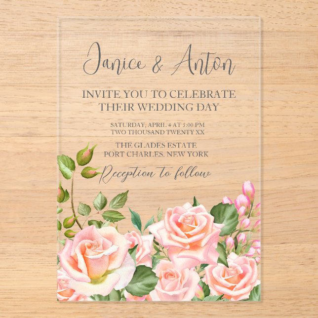 Invitaciones Acrílicas Boda Botánico Rosa Rubor (Anverso)