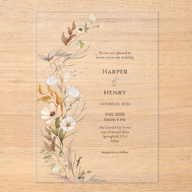 Invitaciones Acrílicas Boda Botánico Wildflowers Beige Boho (Anverso)