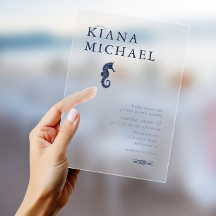 Invitaciones Acrílicas Boda Caballito de Mar Onda Azul Marina ID836