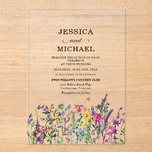 Invitaciones Acrílicas Boda campestre de flores silvestres en acuarela