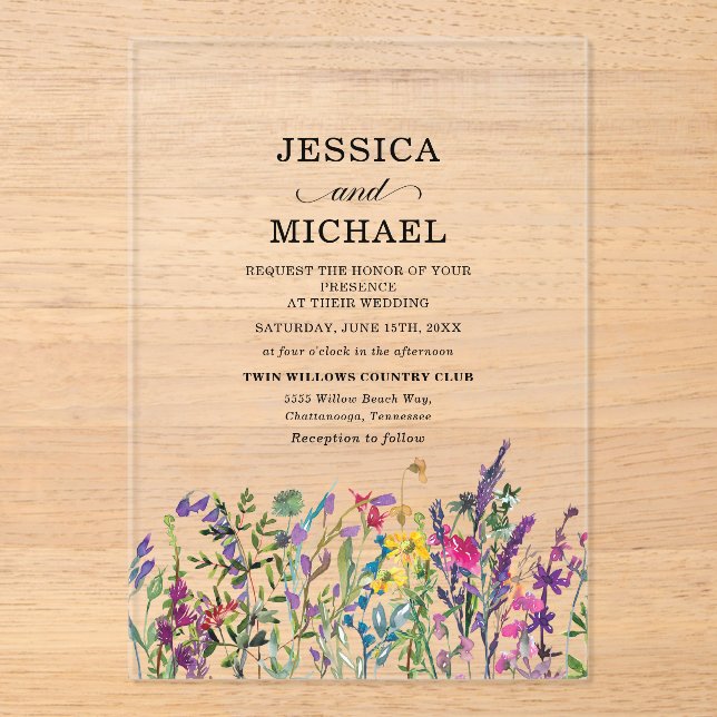 Invitaciones Acrílicas Boda campestre de flores silvestres en acuarela (Anverso)