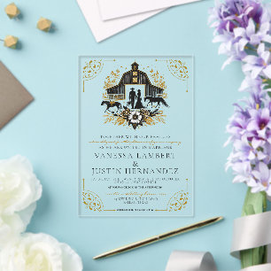 Invitaciones Acrílicas Boda campestre negra y dorada